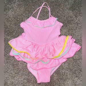 Wet suit girls 6 swimsuit pink white striped lined tiered tutu skirt seersucker